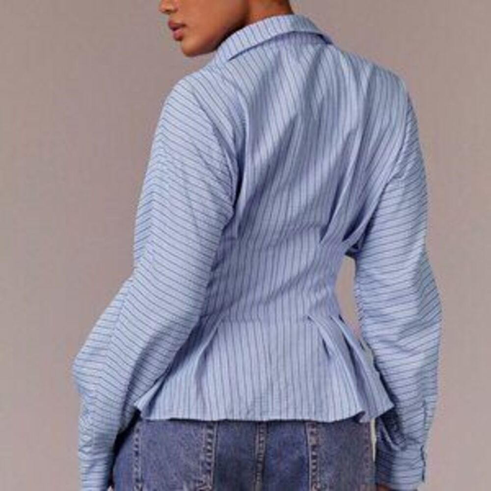 Blue Casual Women's Peplum Blouse with Structured Waist & Tailored Collar - Picture 2 of 5